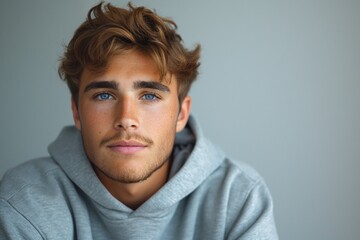 Obraz premium Portrait of a young Caucasian man with tousled hair and striking blue eyes, wearing a casual gray hoodie.