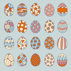 Set of Easter eggs. Collection of fancy easter eggs with colorful pattern, orange, green, pink, beige, and blue. 