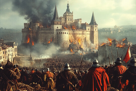Siege of Eger during Austro Turkish War shows fierce battle and burning castle