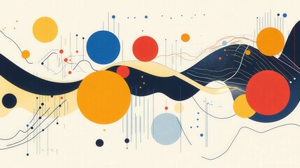 Abstract composition featuring colorful circles and lines creating a dynamic visual flow