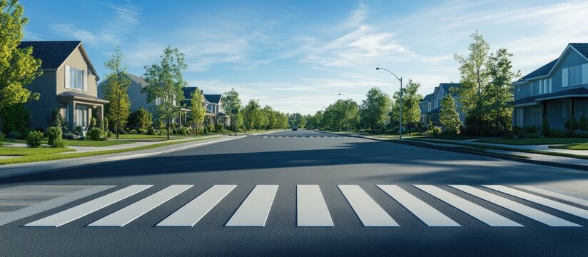Residential street with crosswalk and autumn trees under a clear blue sky showcasing community safety and urban design elements