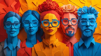 Diverse group of people in paper cut-out style, blending modern art with multicultural representation for a vibrant, engaging visual.