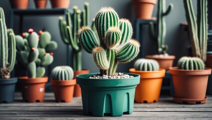 Assorted cacti in different pots arranged in a greenhouse setting with a focus on a prominent cactus in a green pot