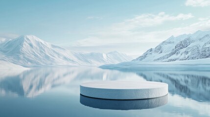 72.A minimalist 3D rendering of a podium made of ice, set on a tranquil water surface surrounded by a snowy ground, with a panoramic view of snow-covered mountains reflecting off the water for a