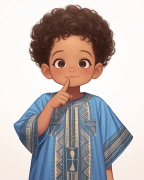 Child in colorful attire makes a shushing gesture. Generative AI