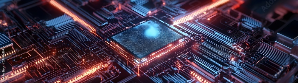 Poster Close up view of an intricate digital circuit board with glowing metallic connections geometric patterns and a high tech futuristic aesthetic