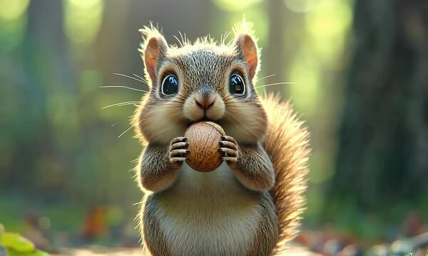 Cute squirrel eating nut, forest background, nature scene, children's book