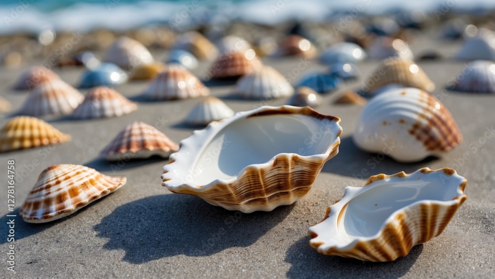 Poster assorted seashells on sandy beach with ocean in background, featuring different shapes and patterns 