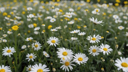 Fototapeta premium Field of daisies and yellow wildflowers blooming in lush green grass under natural light. Close-up view of vibrant floral landscape.