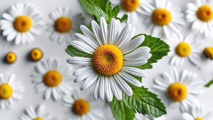 Fototapeta premium Daisies and green leaves on a white background with a focus on a single flower surrounded by multiple blooms