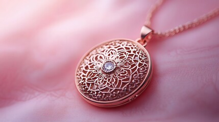 Rose gold locket with intricate lace patterns on a pink background