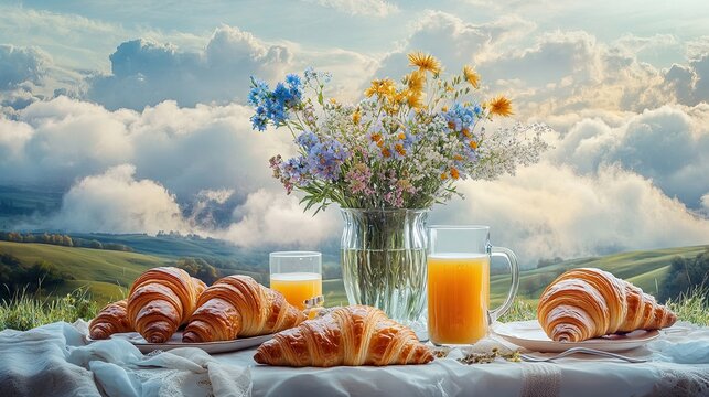 A table set for a scenic breakfast overlooking rolling hills and misty clouds