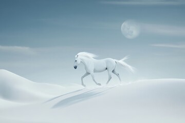 White horse in snowy desert landscape moonlight
