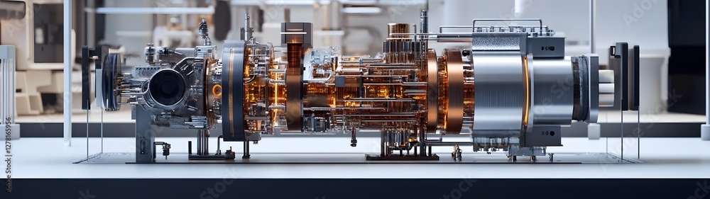 Aufkleber Detailed cross section view showcasing the intricate inner workings and complex steel and copper components of a powerful aircraft turbine engine