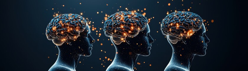 A visually striking representation of three silhouetted heads with glowing, intricate brains, symbolizing ideas, creativity, and cognitive processes.