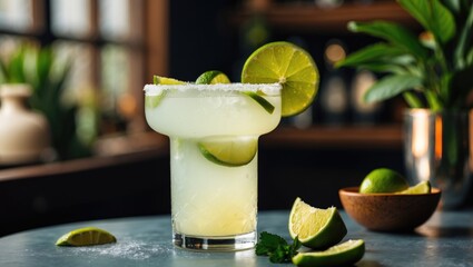 Margarita cocktail with lime slices and salt rim served in a glass on a table with lime wedges and greenery in background