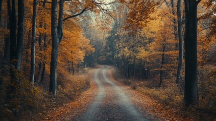 Obraz premium A winding dirt road through a forest in autumn with golden leaves falling