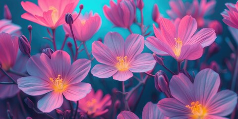 Fototapeta premium Colorful close-up of blooming flowers with pink and yellow petals against a blurred teal background in a natural setting