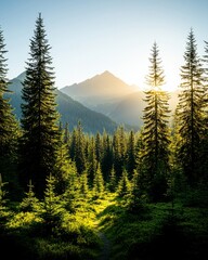 Sunlit Forest Path Leading to Majestic Mountain Peak with Evergreen Trees