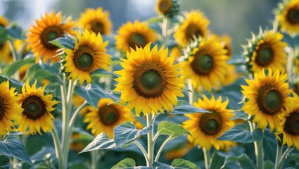 Fototapeta premium Field of vibrant sunflowers with bright yellow petals and green centers, surrounded by lush green leaves in natural sunlight.