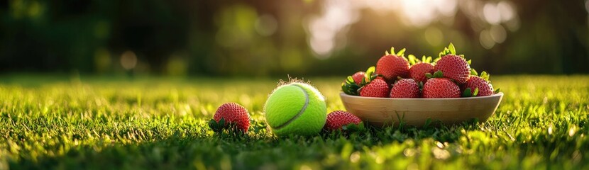 Strawberries in bowl next to tennis ball, lush grass court, summer sports theme 8K , high-resolution,