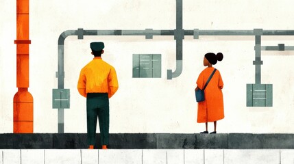 A colorful illustration featuring two figures observing industrial pipes and structures on a wall, evoking themes of curiosity and exploration.