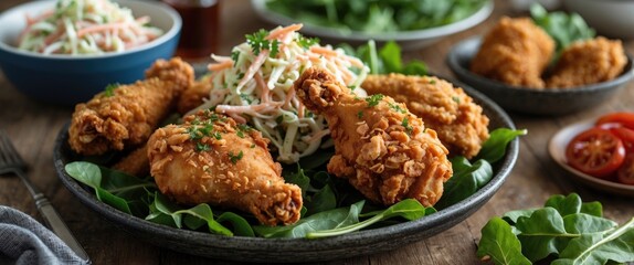 Fried chicken drumsticks served on a platter with coleslaw and fresh greens in a rustic setting