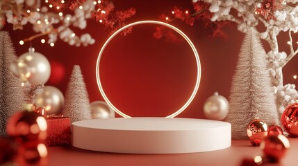 61.3D render, Merry Christmas celebration festival, empty podium display for showing product decorate with luxury Christmas elements