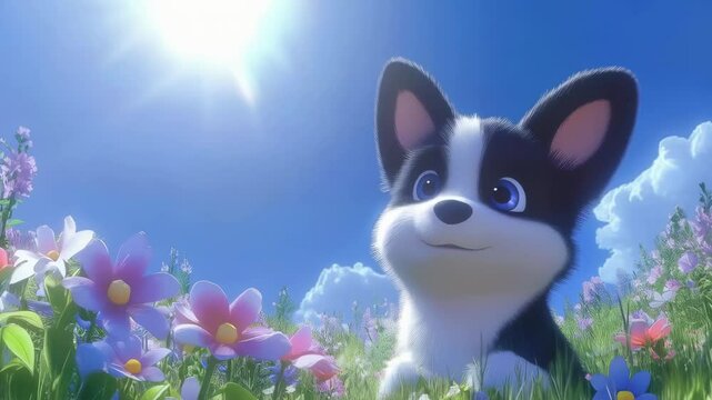 Adorable Cartoon Corgi Puppy in a Flower Field