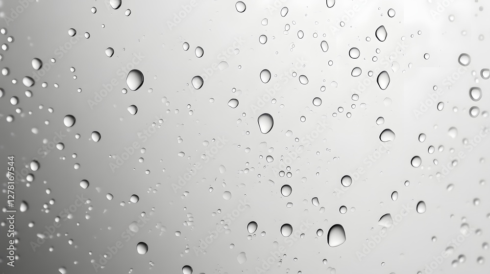 Poster closeup of a glass window pane with numerous small water droplets and rainy abstract background text