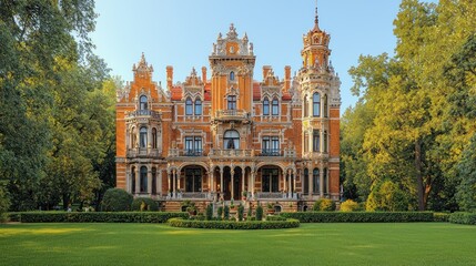 Obraz premium Grand orange mansion with ornate details, surrounded by lush green lawn and trees.