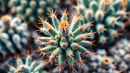 Fototapeta premium Close-up of a vibrant cactus with spines against a blurred background of various succulents and desert vegetation.