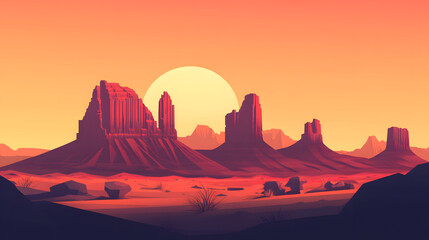 Fototapeta premium Vibrant desert landscape at sunset, warm hues illuminating rocky formations, perfect for nature-themed projects or backgrounds.