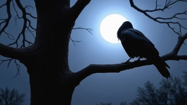Black raven in moonlight perched on tree. Scary, creepy, gothic