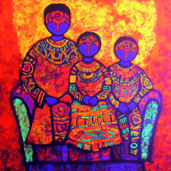 Fototapeta premium Joyful African Family Portrait with Traditional Attire Against Abstract Background