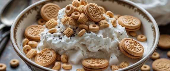 Fototapeta premium Bowl of whipped cream topped with various cereals and cookies on rustic wooden background