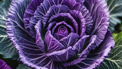 Obraz premium Close-up of a vibrant purple ornamental cabbage with intricate leaf patterns and rich textures in a garden setting