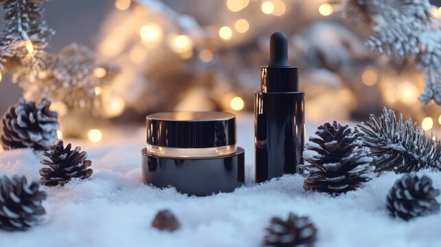45.A set of cosmetic products with sleek packaging placed on a snowy surface, accented by pinecones and softly glowing string lights in the background.