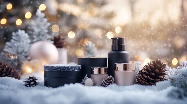 45.A set of cosmetic products with sleek packaging placed on a snowy surface, accented by pinecones and softly glowing string lights in the background.