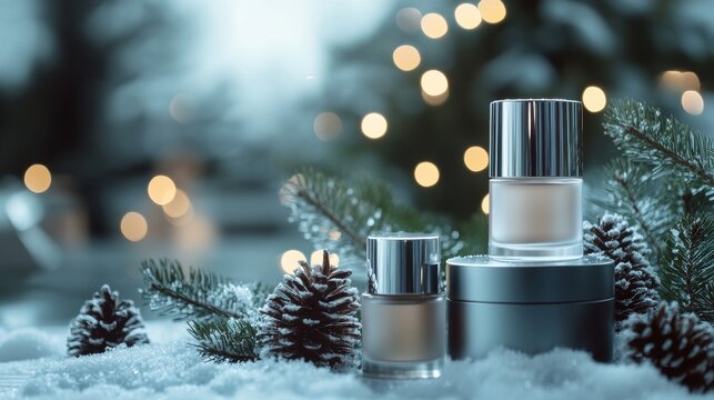 45.A set of cosmetic products with sleek packaging placed on a snowy surface, accented by pinecones and softly glowing string lights in the background.