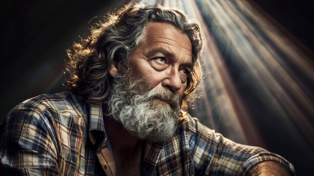 dramatic portrait of a musician backstage, illuminated by a single overhead spotlight casting deep shadows; the moody, high-contrast lighting highlights the intensity