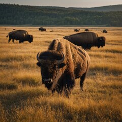 A summer field with golden grass and bison grazing.