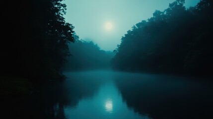 Fototapeta premium Misty moonlit river landscape reflecting tranquil nature
