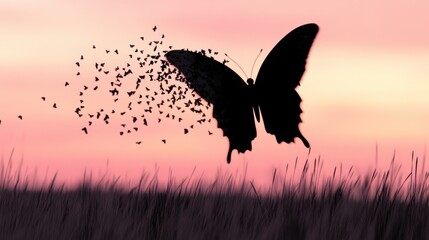 Naklejka premium Butterfly silhouette in sunset field with flock of birds