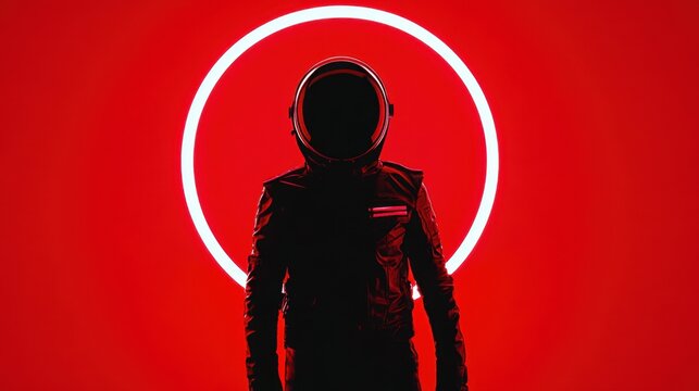 Astronaut silhouette with neon red circle in futuristic setting