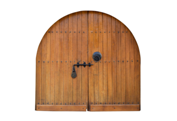 Arched wooden doors viewed from the inside, featuring a locking bar and a secured padlock, evoking a rustic and historic atmosphere.