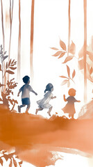 Energetic children running playfully through mystical watercolor forest