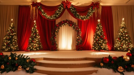 66.A sophisticated holiday setup with a smooth podium encircled by lush red and gold Christmas decor, twinkling lights, and snow-dusted garlands, offering a perfect display for festive items.