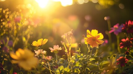 Obraz premium Close up of wildflowers in golden light.