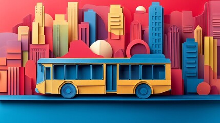 paper cut design of a city bus, symbolizing urban commuting with geometric shapes and a modern, minimalistic urban feel.